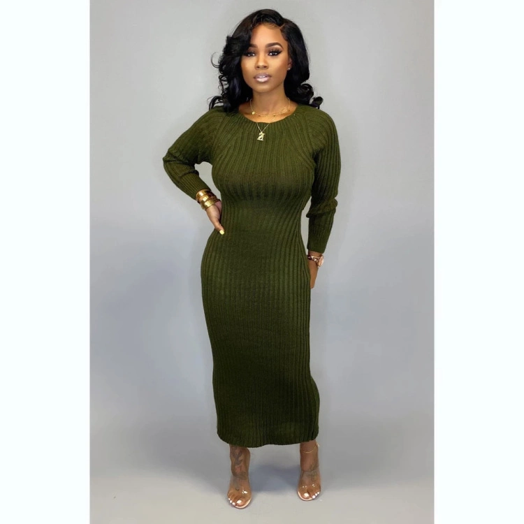 Winter Full Sleeve O-Neck Knitted Bondage Pencil Bodycon Sweater Dresses